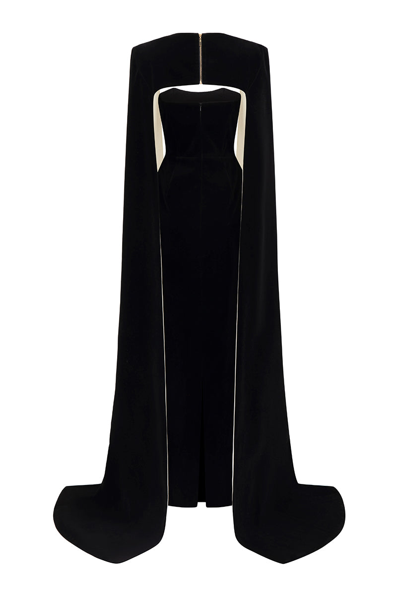 Strapless Bustier Black Velvet Gown With Long Cape