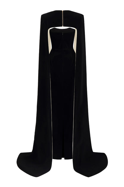 Strapless Bustier Black Velvet Gown With Long Cape