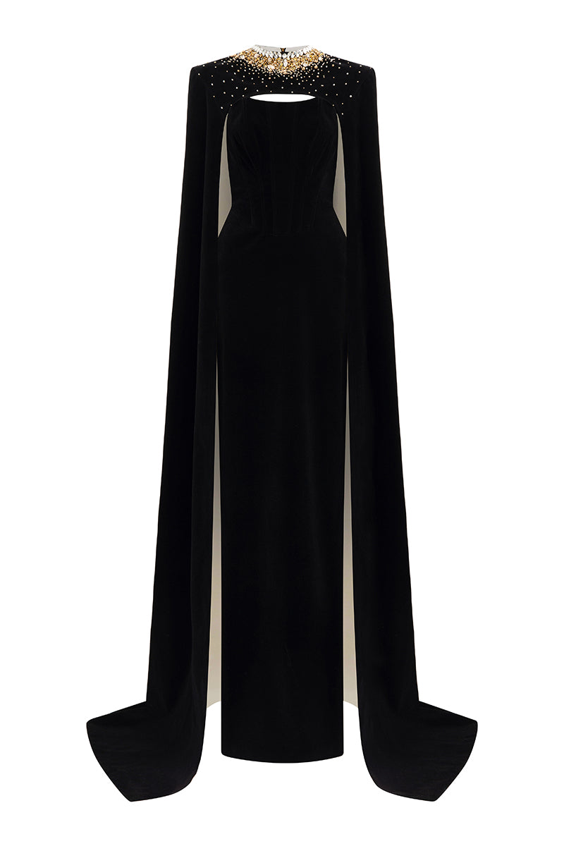 Strapless Bustier Black Velvet Gown With Long Cape