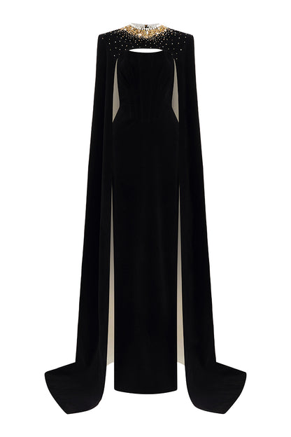 Strapless Bustier Black Velvet Gown With Long Cape