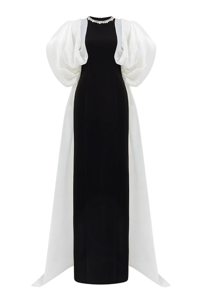 Round Neckline Column Gown With Draped Sleeves