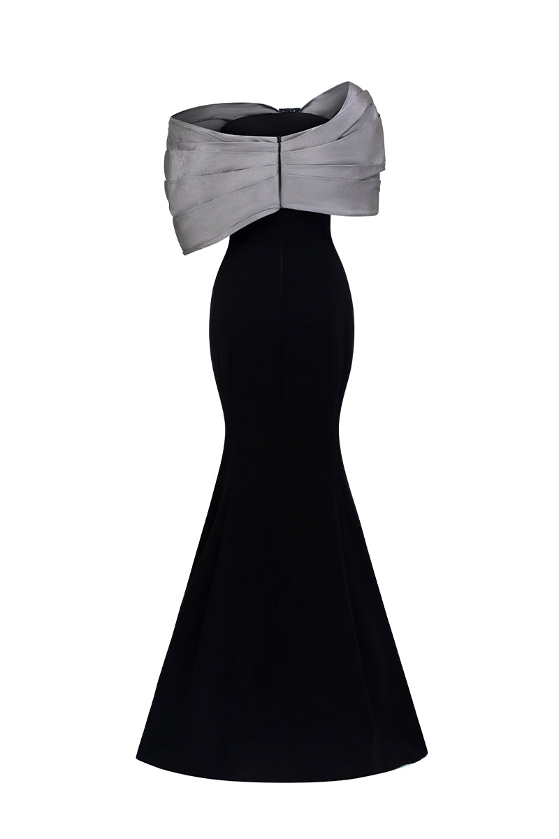 One Shoulder Mermaid Gown With Bust Bow In Black Crepe And Grey Taffeta