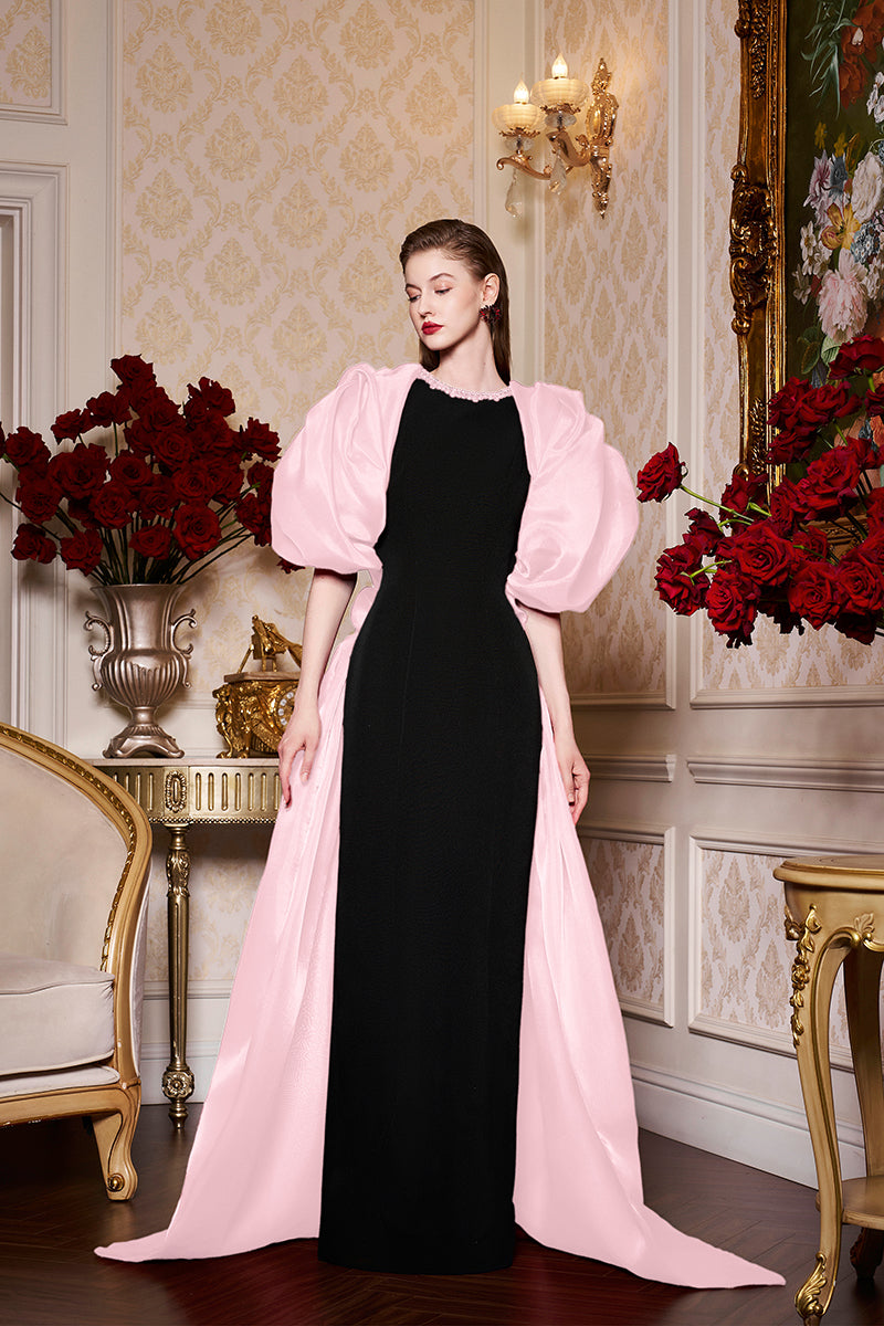 Round Neckline Scuba Gown With Draped Sleeves Organza