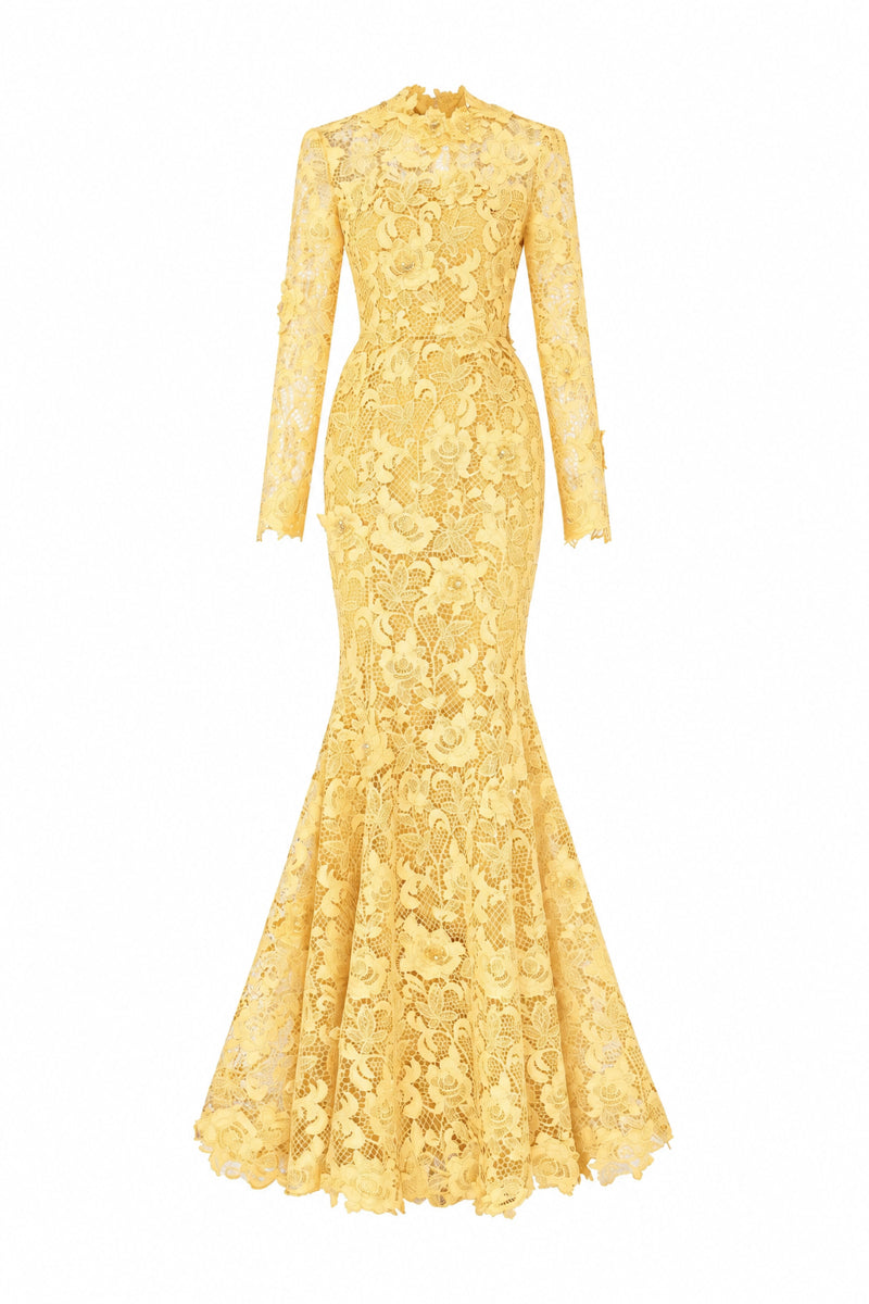 Round Neck Mermaid Gown With Long Sleeves In Yellow Guipure Lace