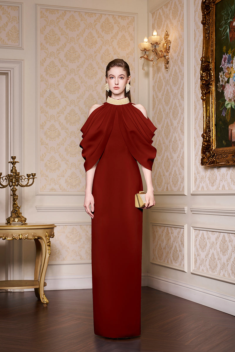 Bottle Neckline Draped Shoulder Agate Silk Gown