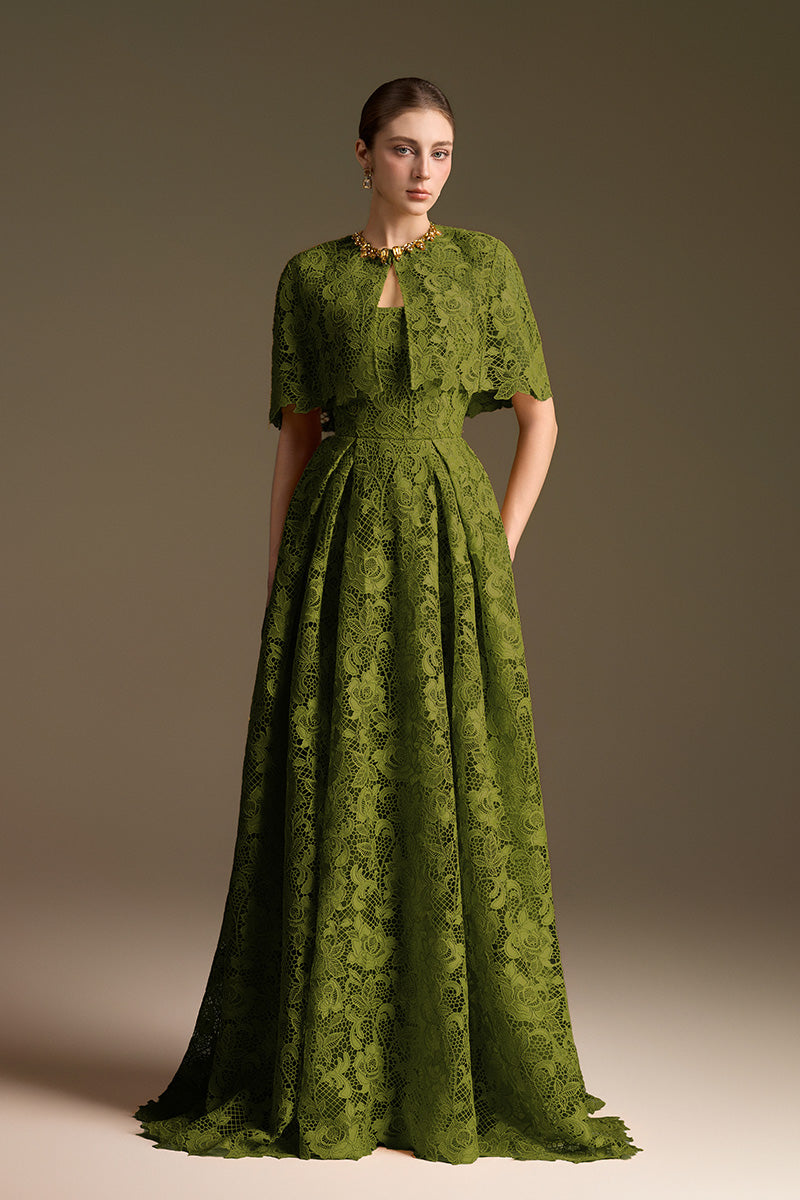 Burstier A-Line Gown With Mini Cape In Guipuire Lace