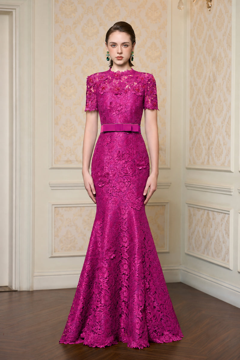 Round Neck Mermaid Gown With Short Sleeves In Pink French Lace