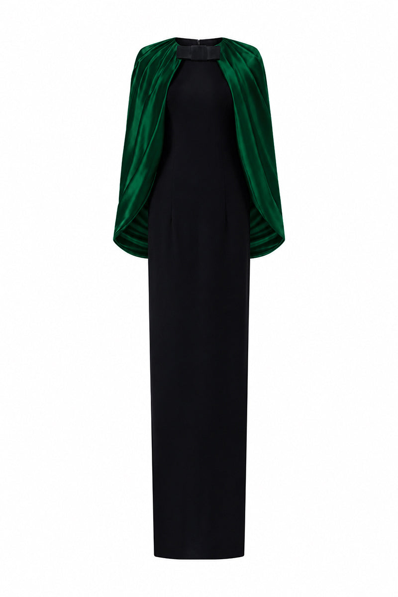 Round Neck Column Gown With Cape Sleeves In Black Crepe & Dark Green Silk