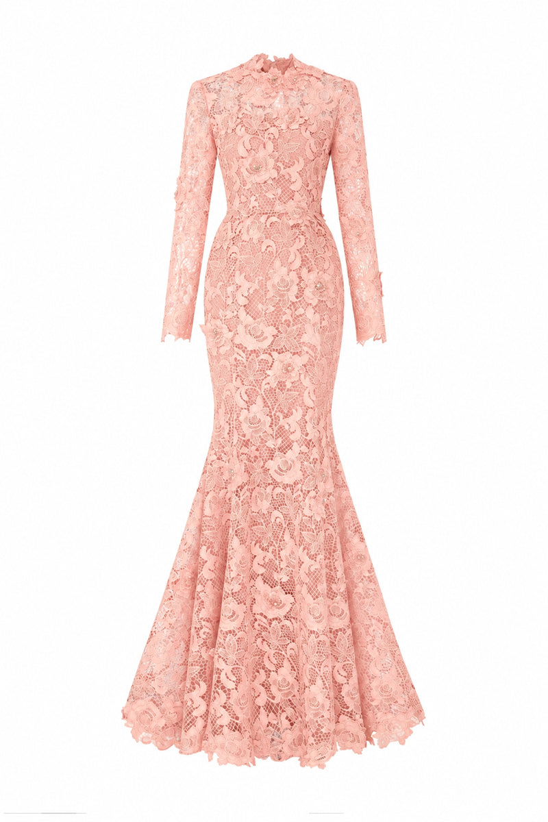 Round Neck Mermaid Gown With Long Sleeves In Light Pink Guipure Lace