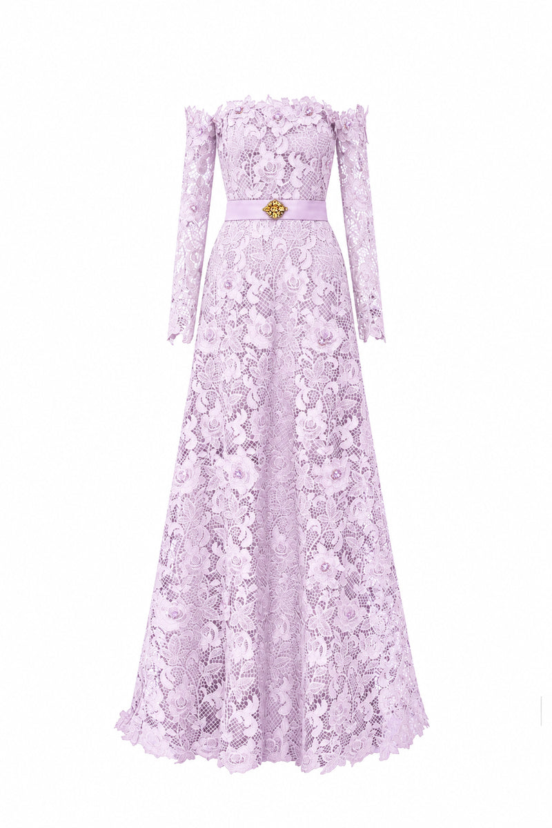 Light Purple Long Sleeves Off-Shoulder A-Line Gown