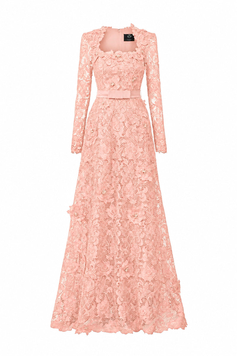 Trapeze Neck A-line Gown With Long Sleeves In Light Pink Guipure Lace