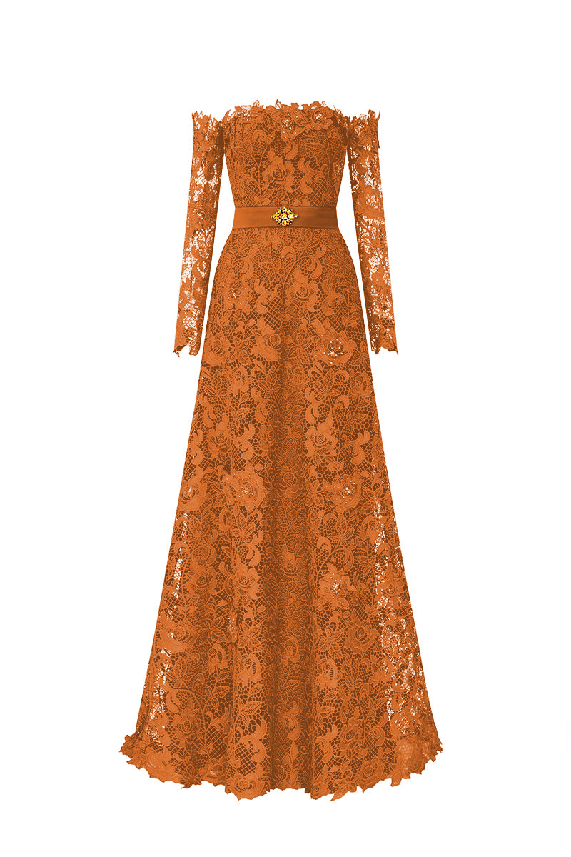Orange Long Sleeves Off-Shoulder A-Line Gown