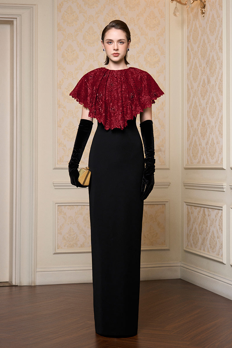 Round Neck Column Gown With Mini Cape In Dark Red French Lace & Black Crepe