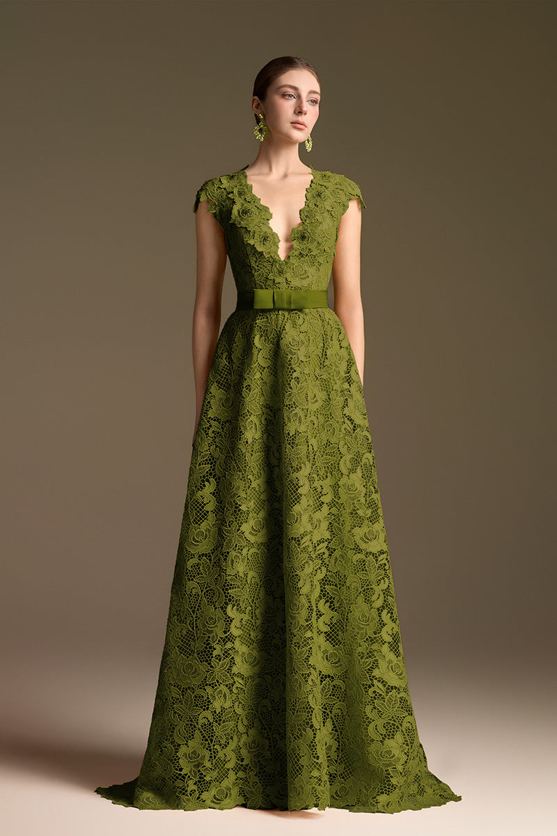 V-Neck Sleeveless A-Line Gown In Olive Guipure Lace