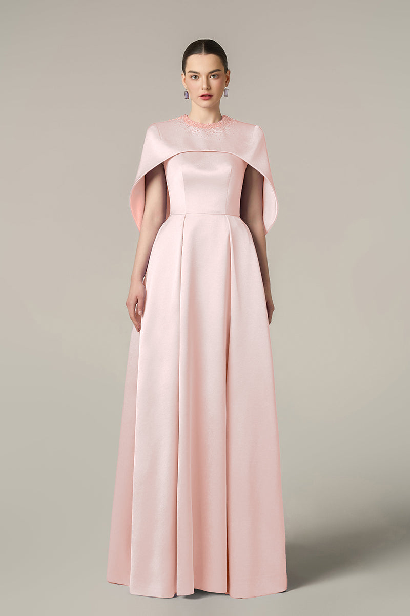 Round Neck A-Line Gown With Circular Cut Mini Cape