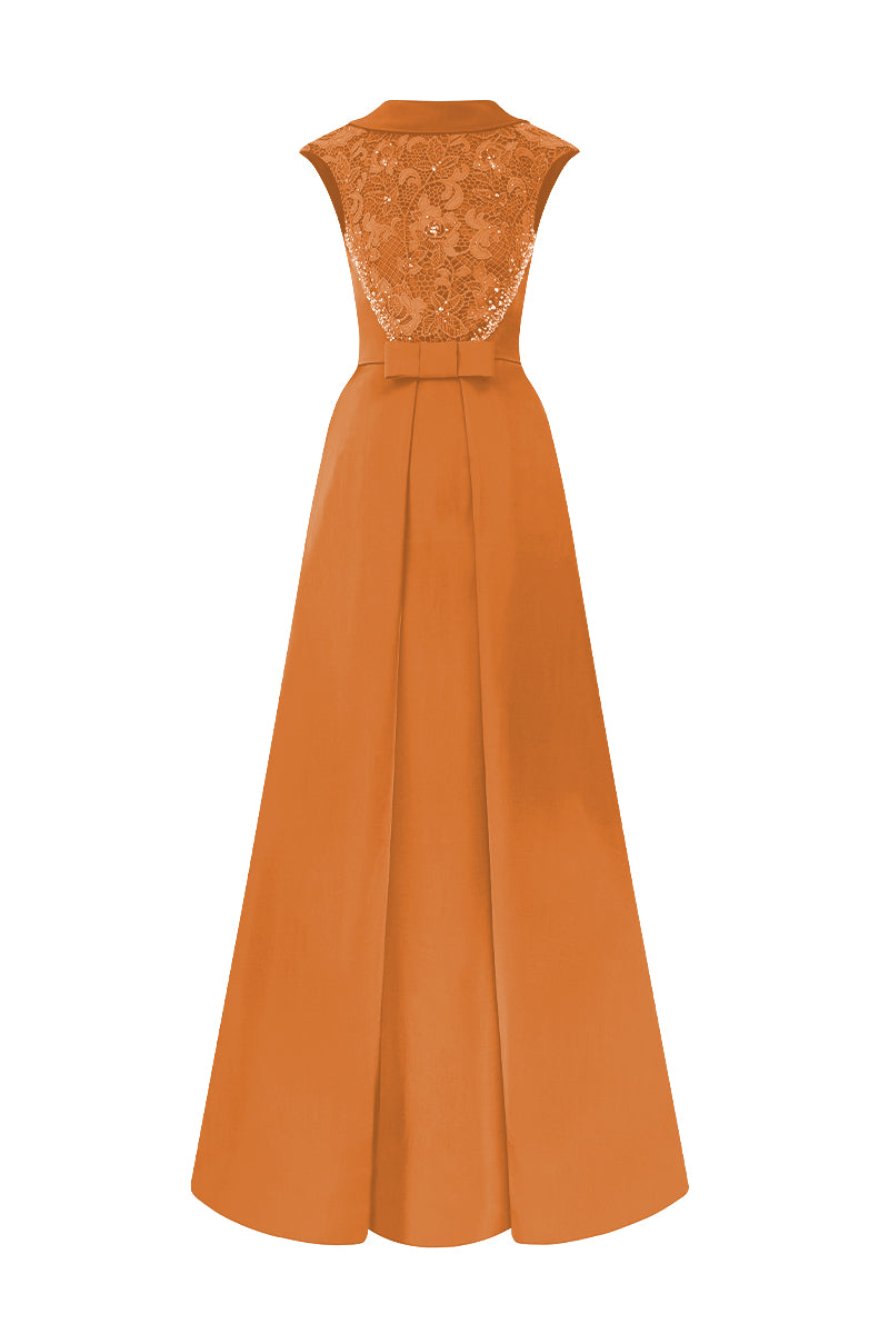 A-Line Dress With De-Constructed Collar In Agate Silk And Guipure Lace