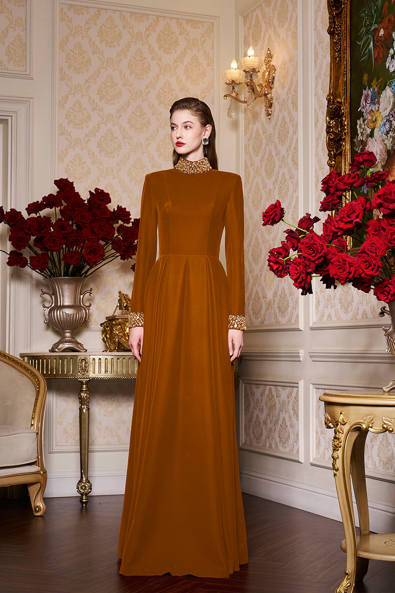 Turtleneck Collar Pleated Waist Velvet Gown