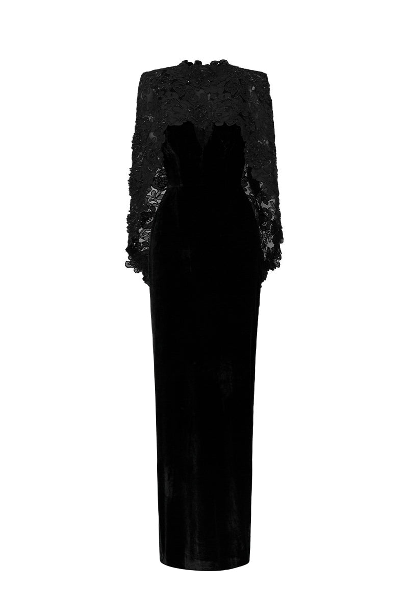 V Neck Column Gown With Mullet Cape In Black Velvet An Black Floral Garden Mesh Lace