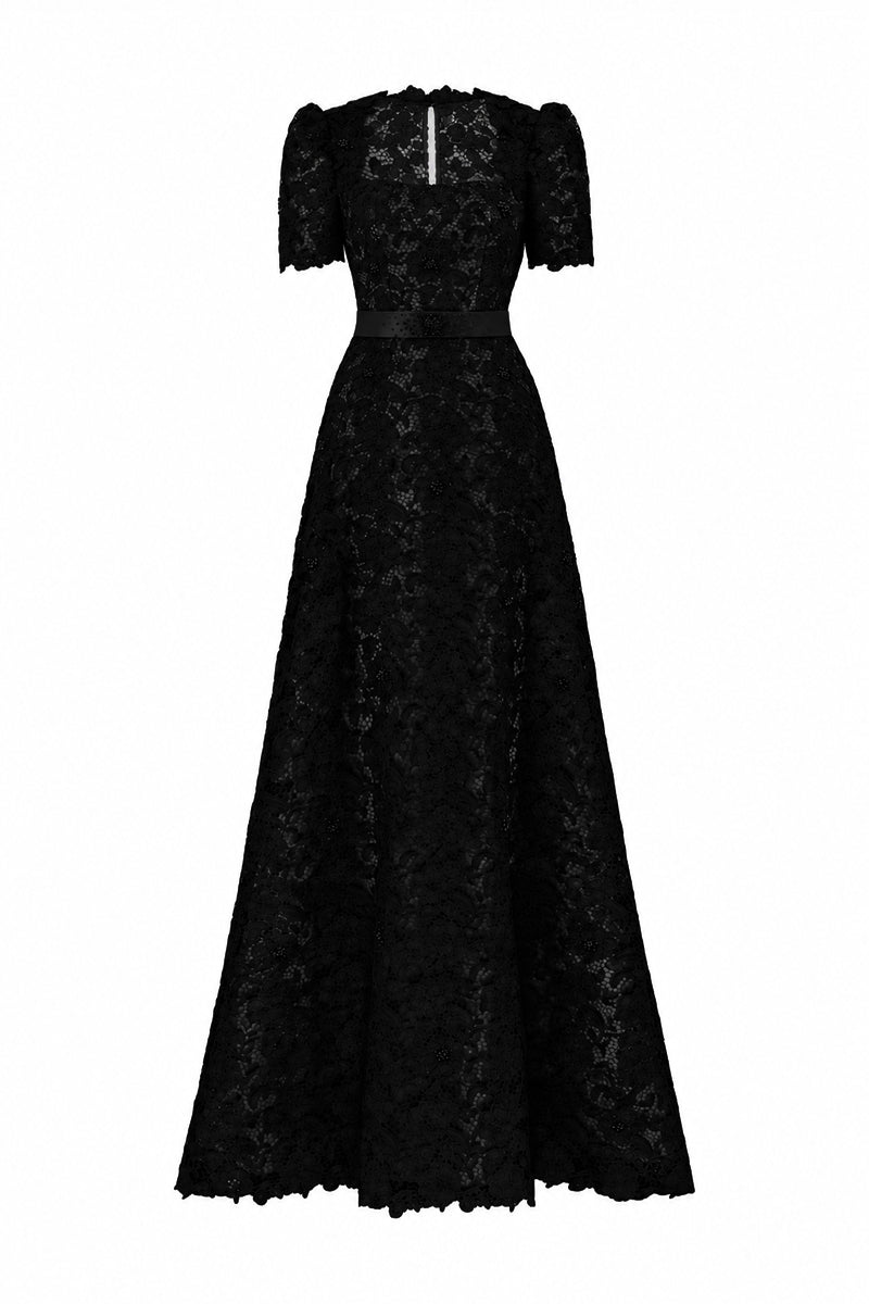 Trapeze Neck A-line Gown With Short Sleeves In Black Guipure Lace