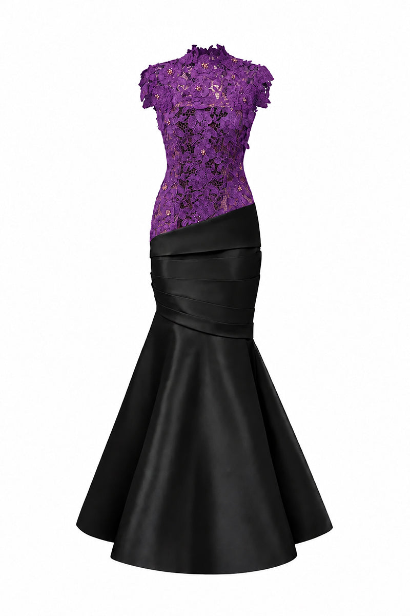 Round Neck Mermaid Gown With Purple Guipure Lace and Black Taffeta