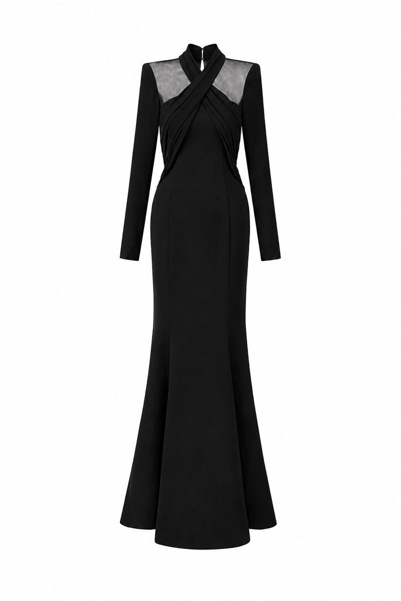 Round Neck Mermaid Gown With Draped Details In Black Crepe