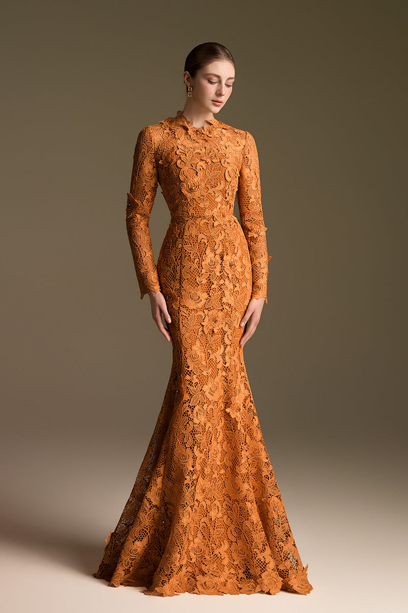 Round Neck Mermaid Gown With Long Sleeves In  Dark Orange Guipure Lace