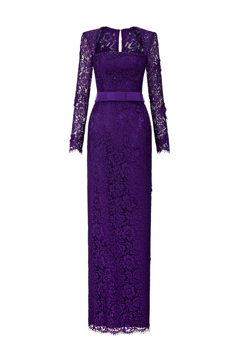 Trapeze Neck Column Gown With Long Sleeves In Purple French Lace