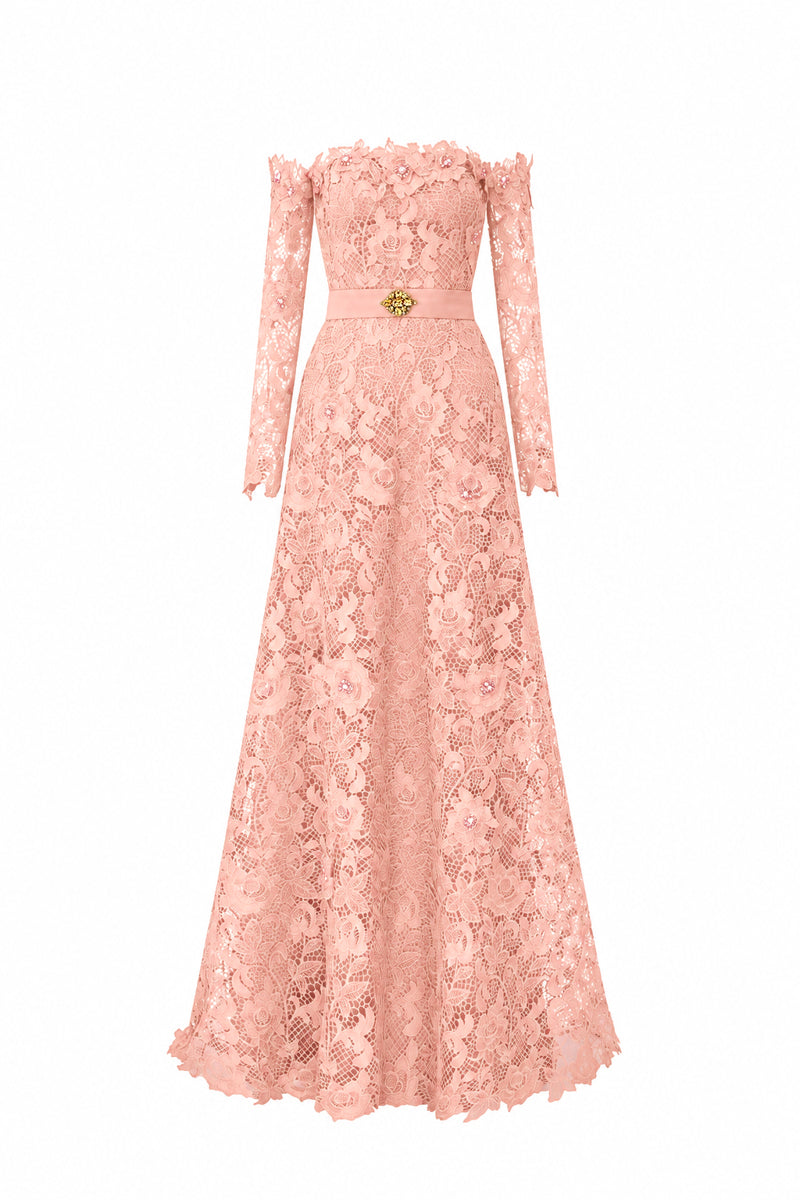 Light Pink Long Sleeves Off-Shoulder A-Line Gown