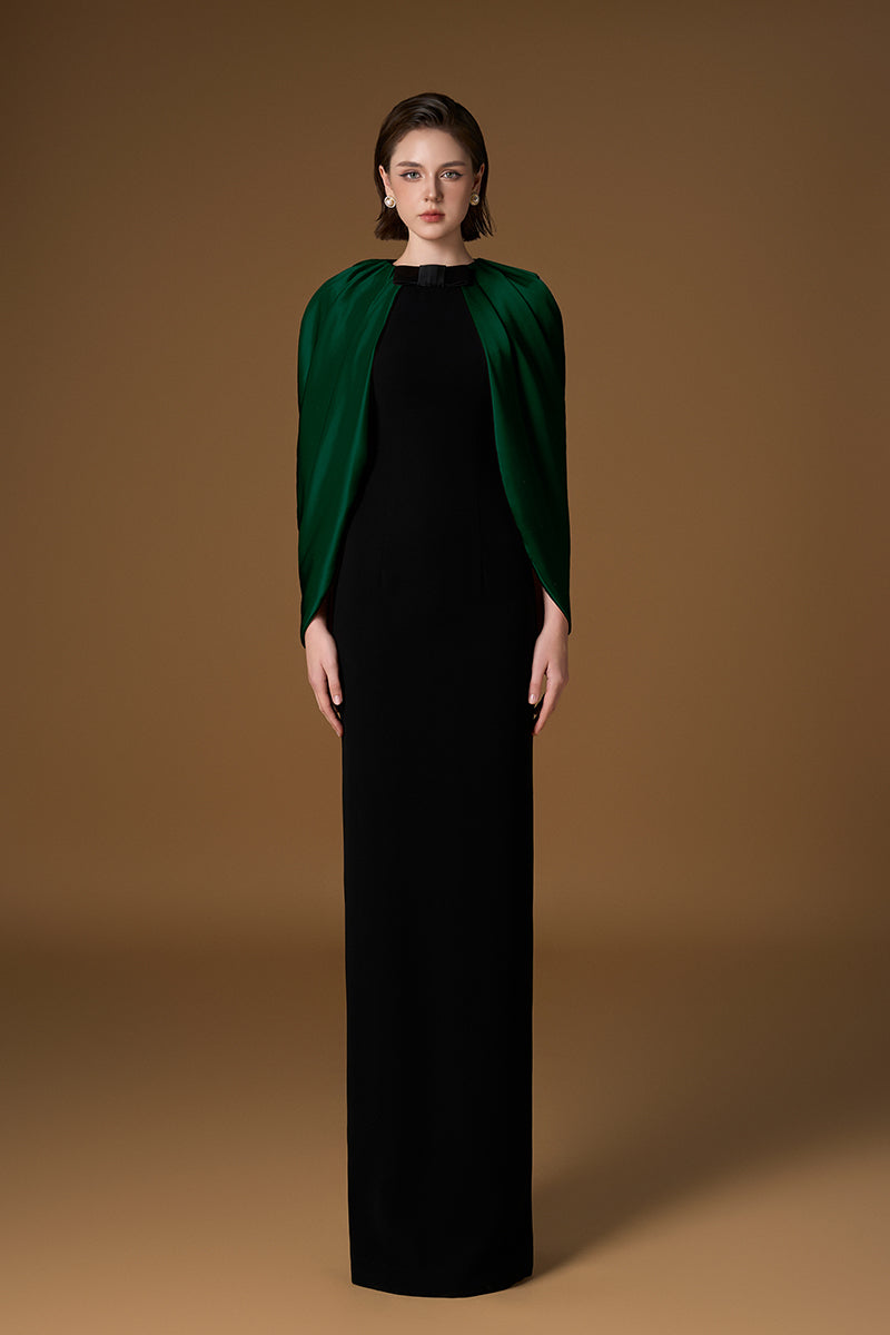 Round Neck Column Gown With Cape Sleeves In Black Crepe & Ivory Silk