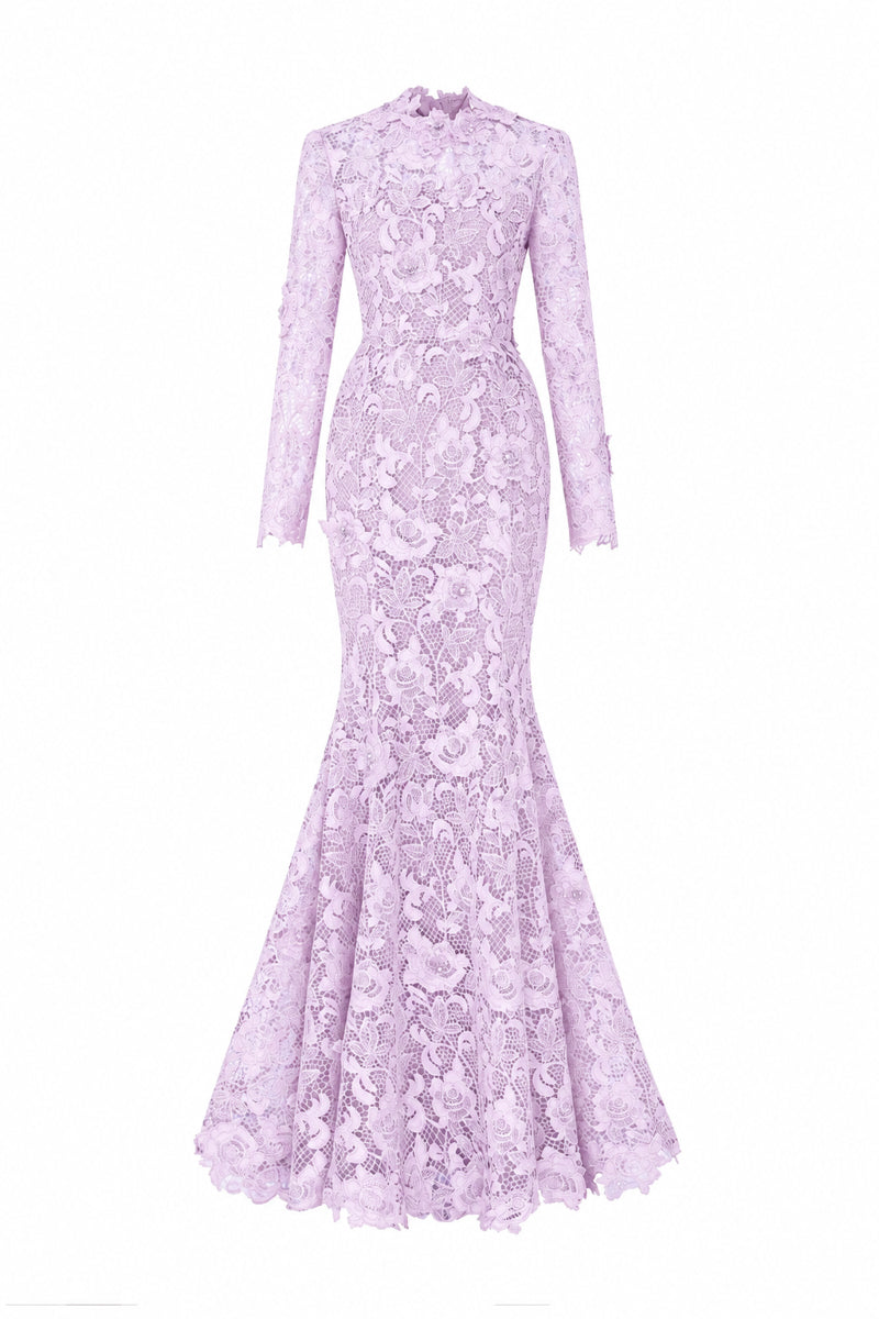 Round Neck Mermaid Gown With Long Sleeves In Light Purple Guipure Lace