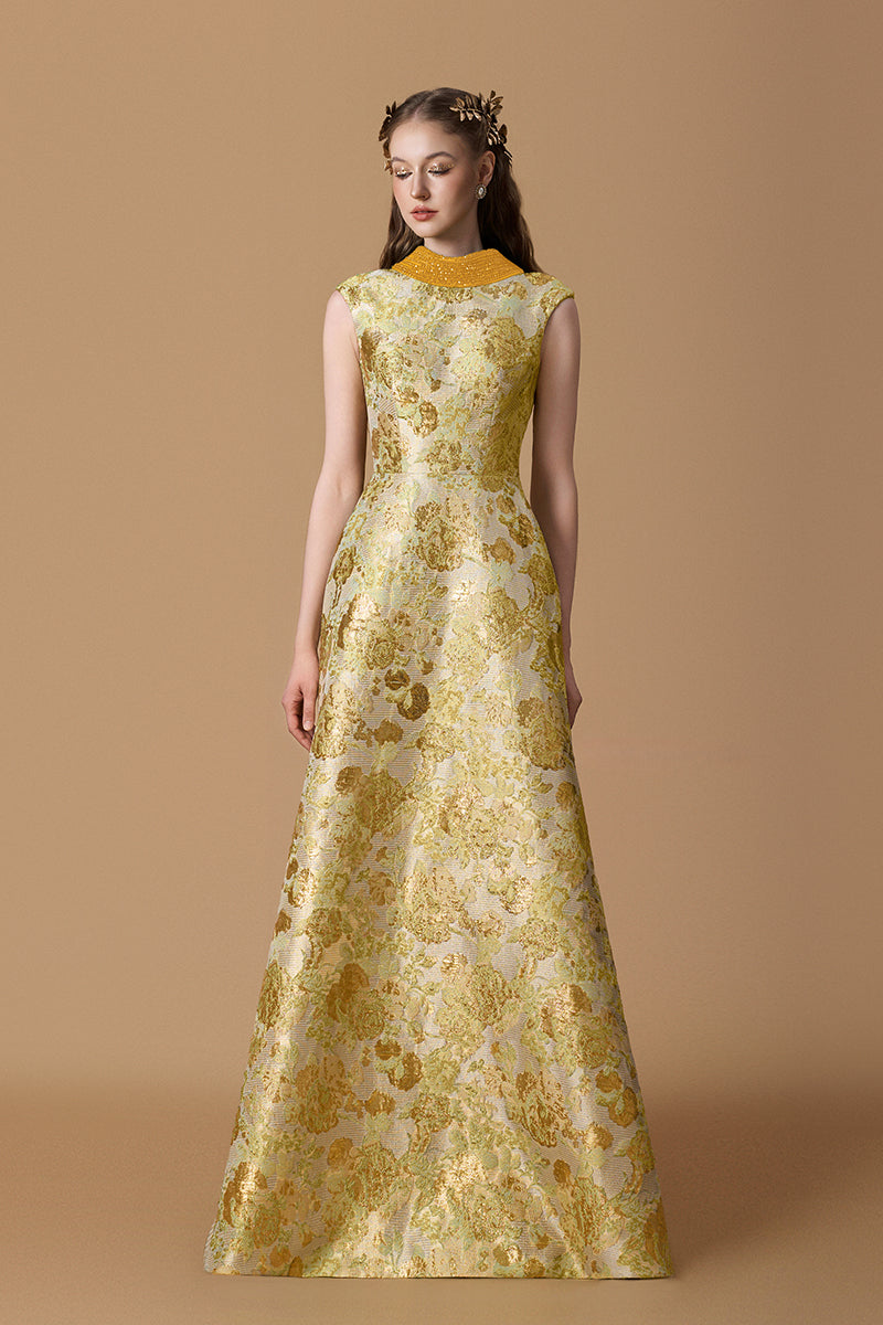 Round Neck A -line Gown With De-Constructed Collar In Green Floral Metallic Jacquard
