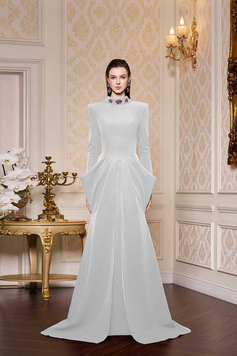 De-Constructed Collar With Draped Waist Scuba Gown