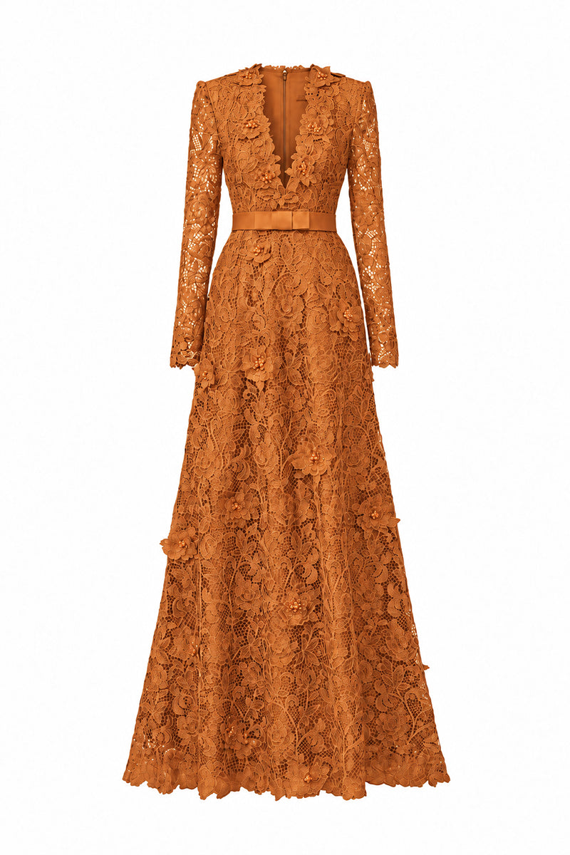V Neck A-line Gown With Long Sleeves In Orange Guipure Lace