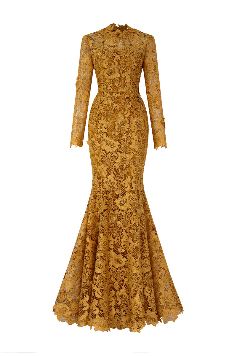 Round Neck Mermaid Gown With Long Sleeves In Gold Guipure Lace