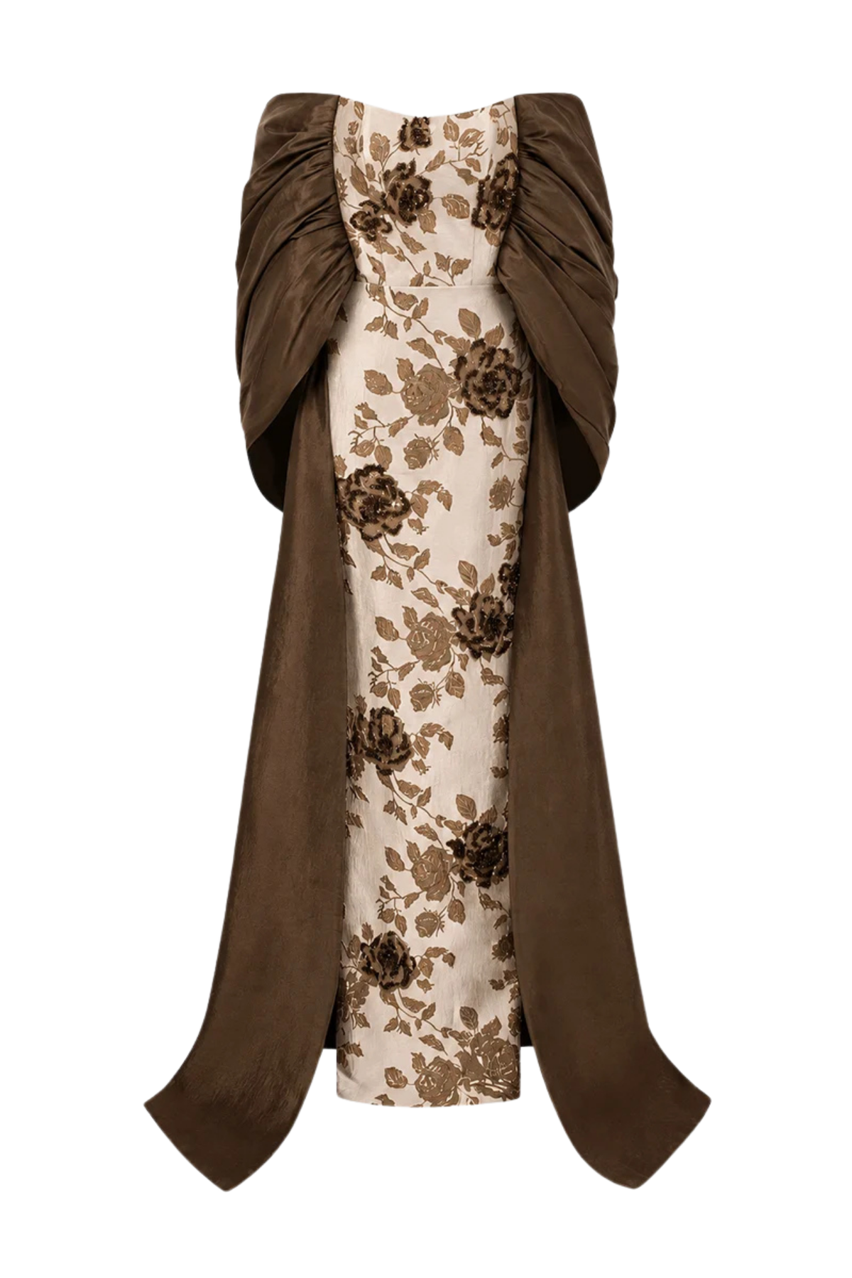 Bustier Column Gown With Draped Off-Shoulder Details In Brown Rose Branch Brocade & Taffeta