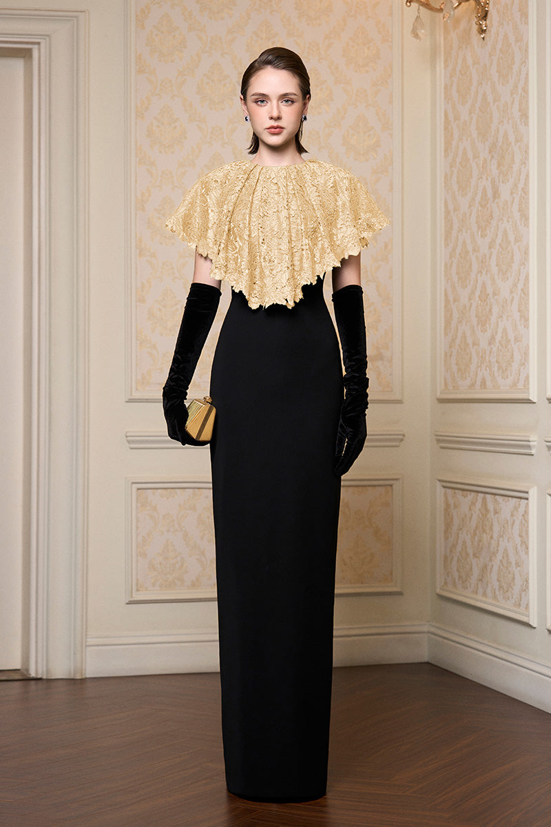 Round Neck Column Gown With Mini Cape In Beige French Lace & Black Crepe