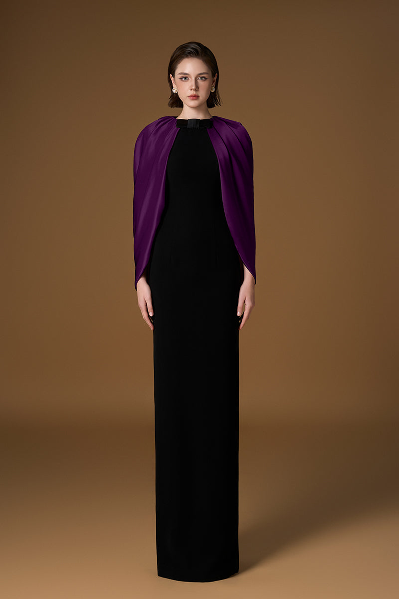 Round Neck Column Gown With Cape Sleeves In Black Crepe & Ivory Silk