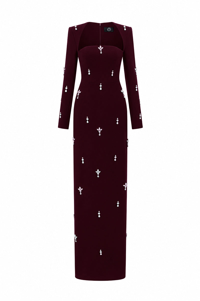 Trapeze Neck Column Gown With Long Sleeves In Black Crepe & Stones