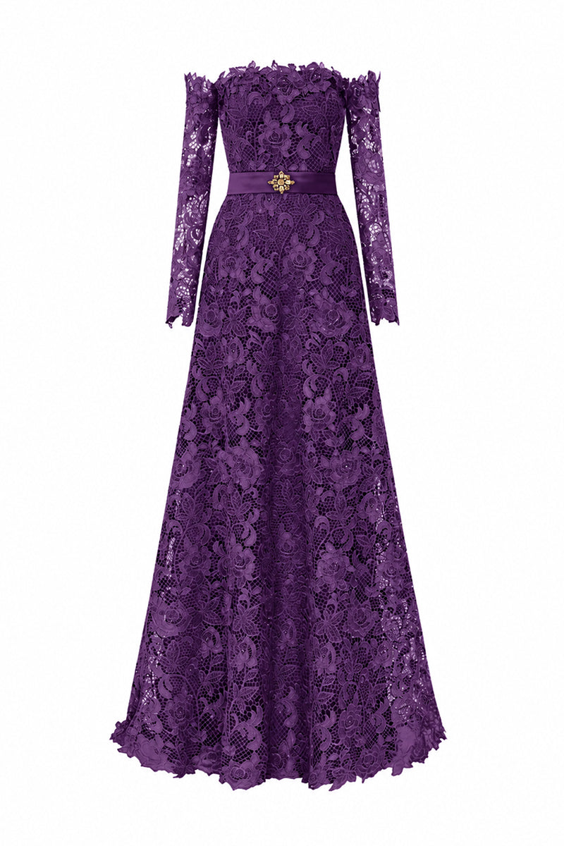 Purple Long Sleeves Off-Shoulder A-Line Gown