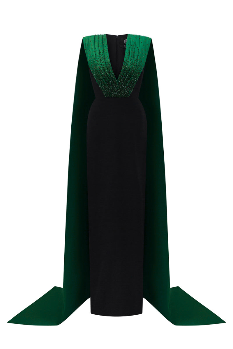 V Neck Column Gown With Draped Details In Black Crepe And Green Taffeta