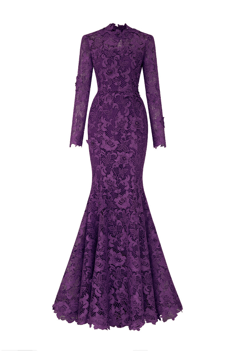 Round Neck Mermaid Gown With Long Sleeves In Dark Purple Guipure Lace
