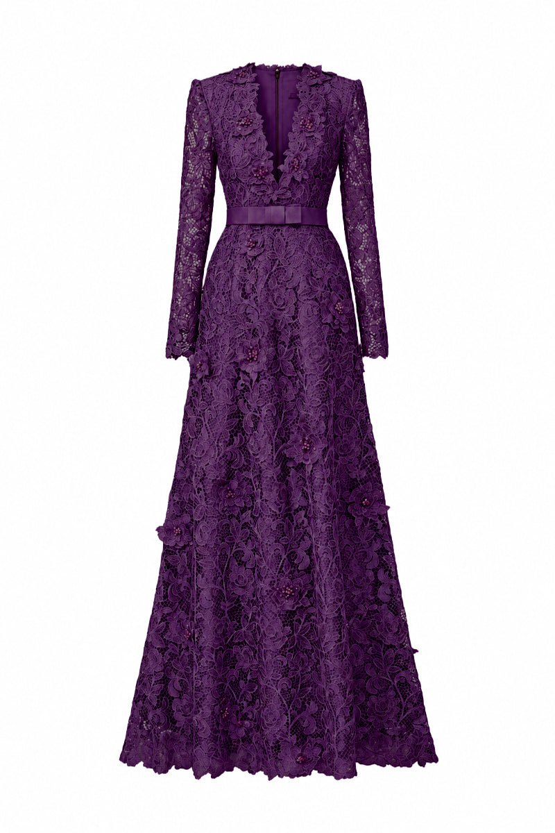 V Neck A-line Gown With Long Sleeves In Purple Guipure Lace