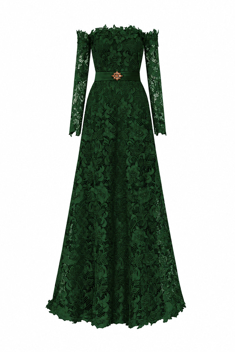 Dark Green Long Sleeves Off-Shoulder A-Line Gown