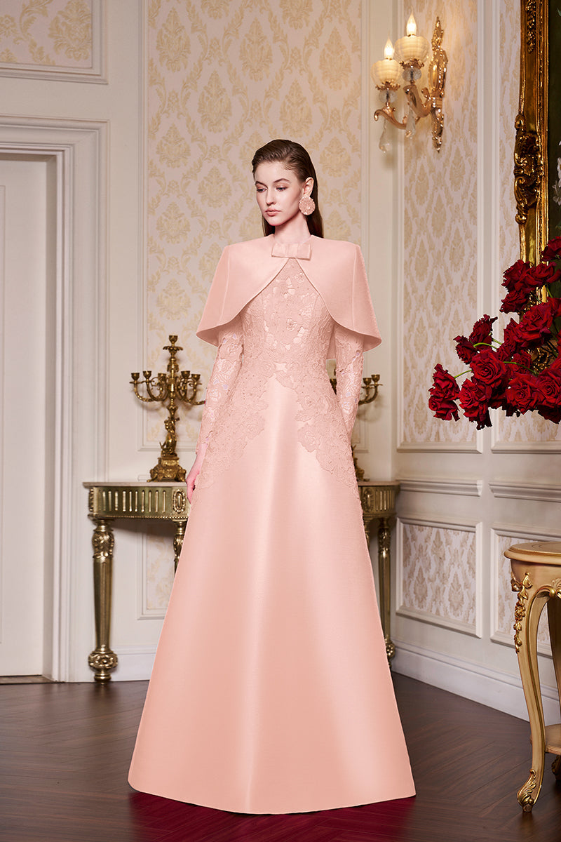Fuchsia Lace and Taffeta Gown With Mini Cape