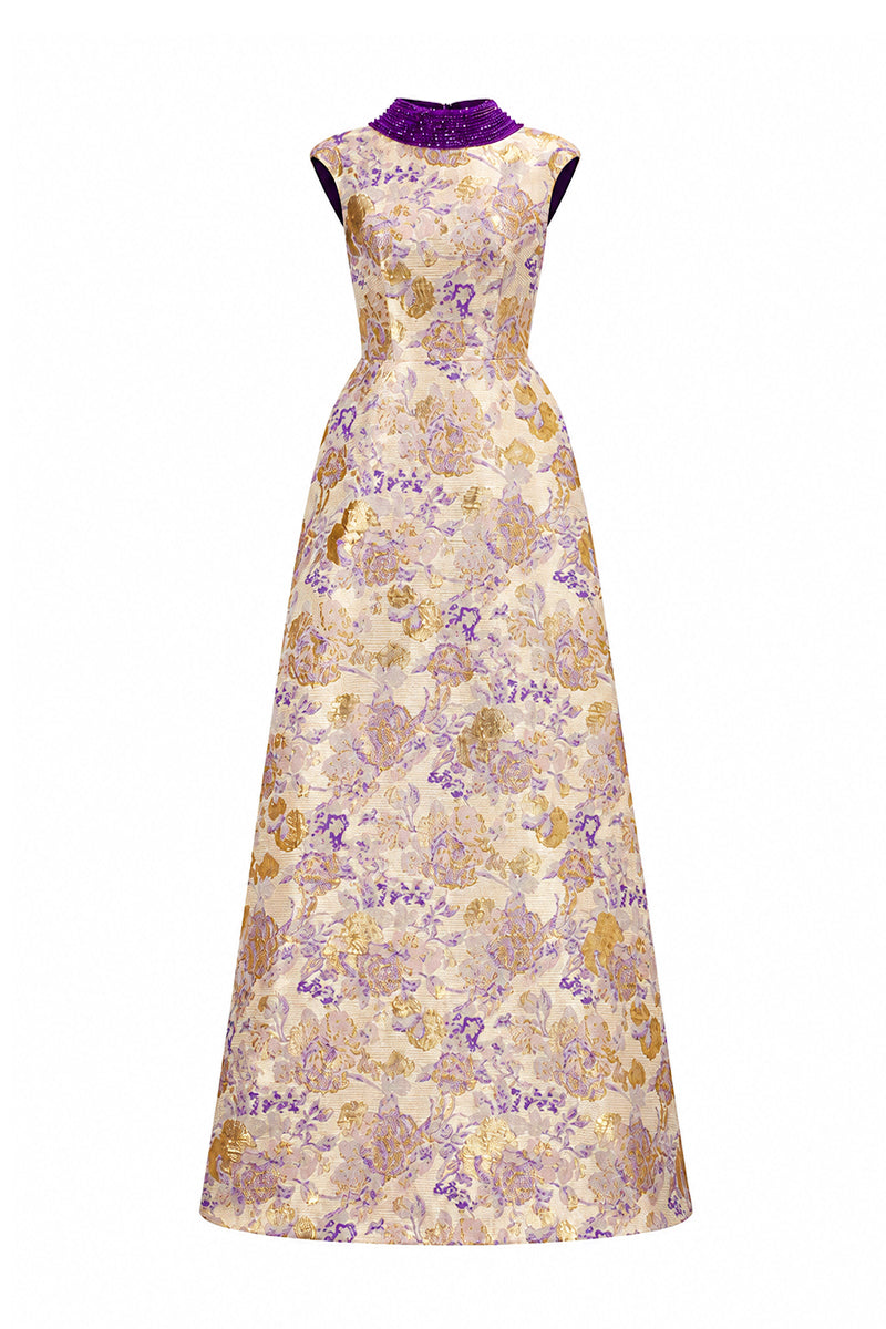 Round Neck A-Line Gown With De-Constructed Collar In Purple Floral Metallic Jacquard