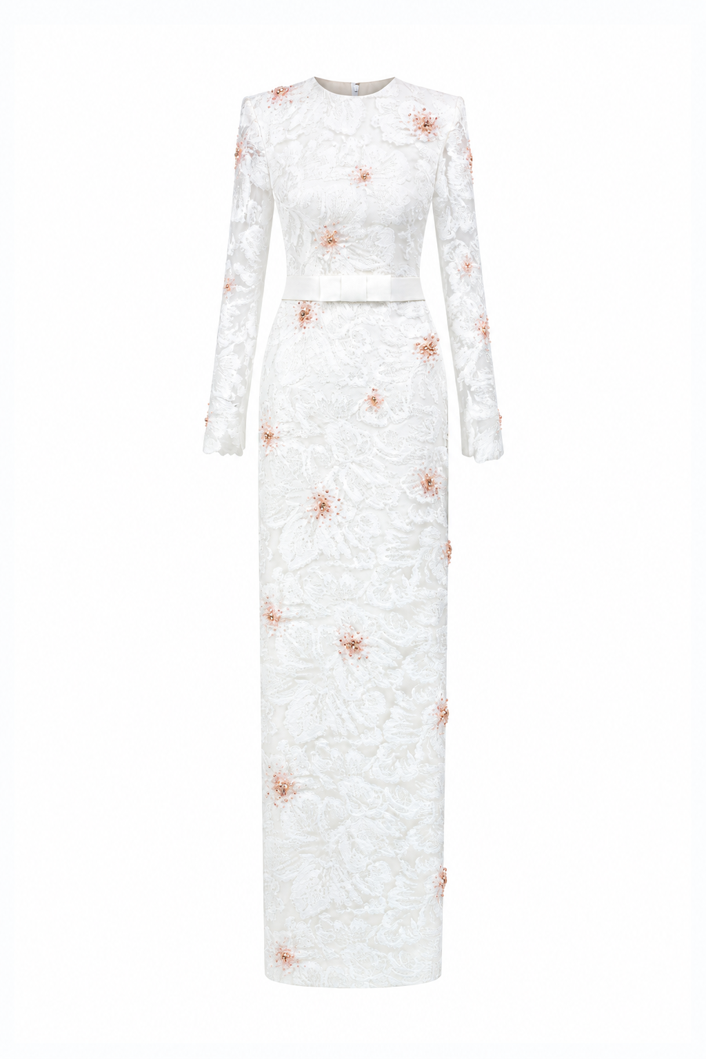 Round Neck Column Gown With Long Sleeves In White Sequin Lace