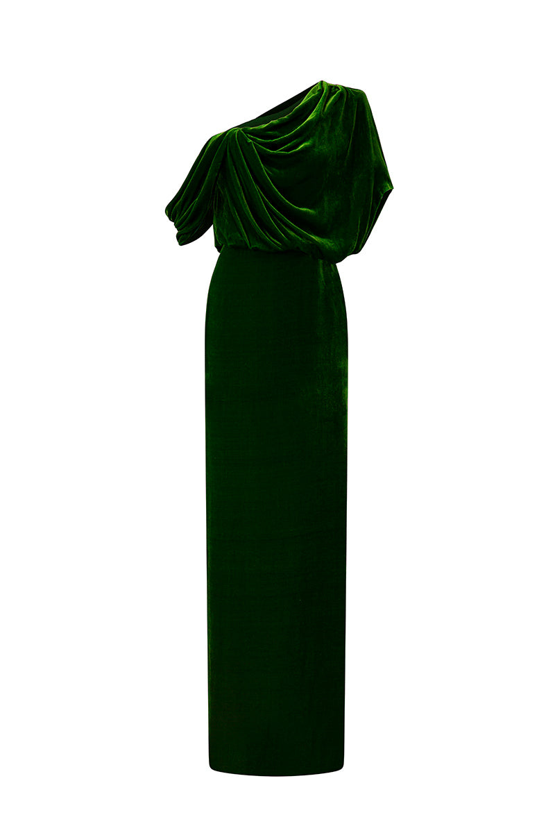 Asymmetric One Shoulder Column Gown With Draped Details In Green Velvet