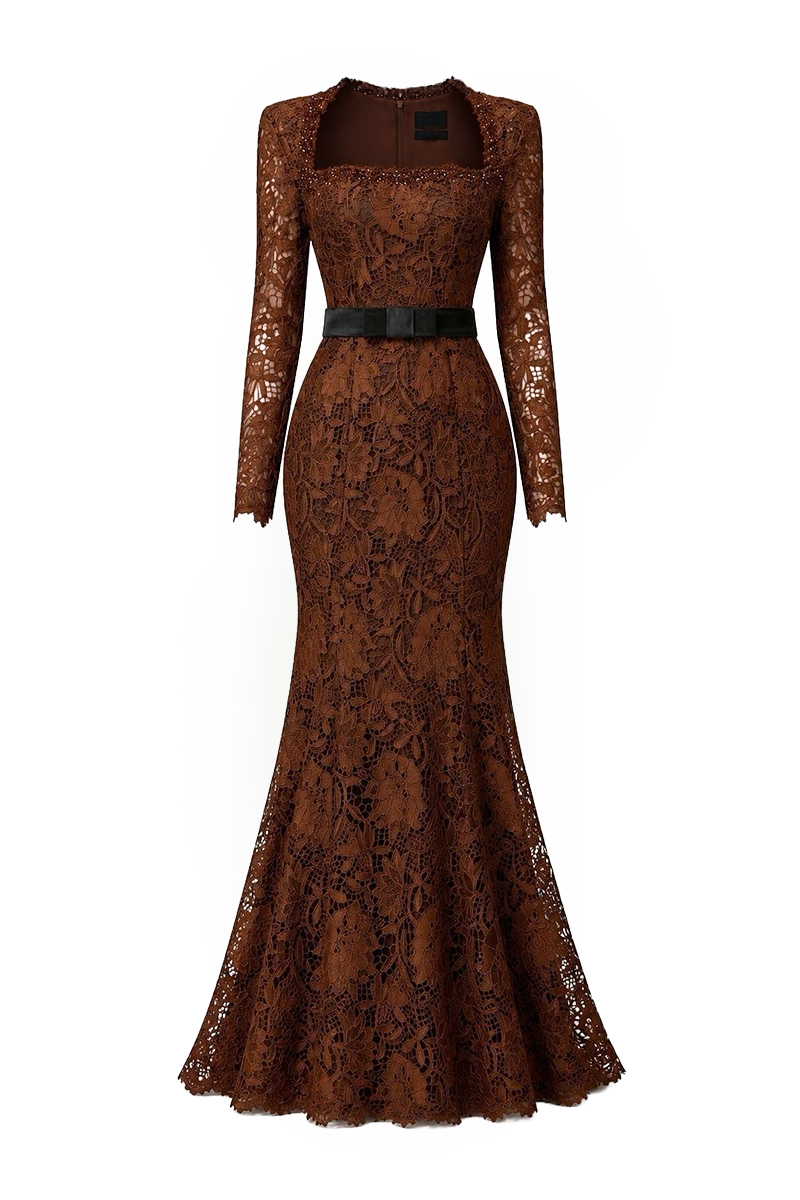 Trapeze Neck Mermaid Gown With Waist Belt In Cocoa Brown Lily Floral Lace