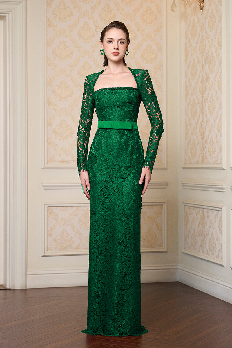 Trapeze Neck Column Gown With Long Sleeves In Dark Green French Lace
