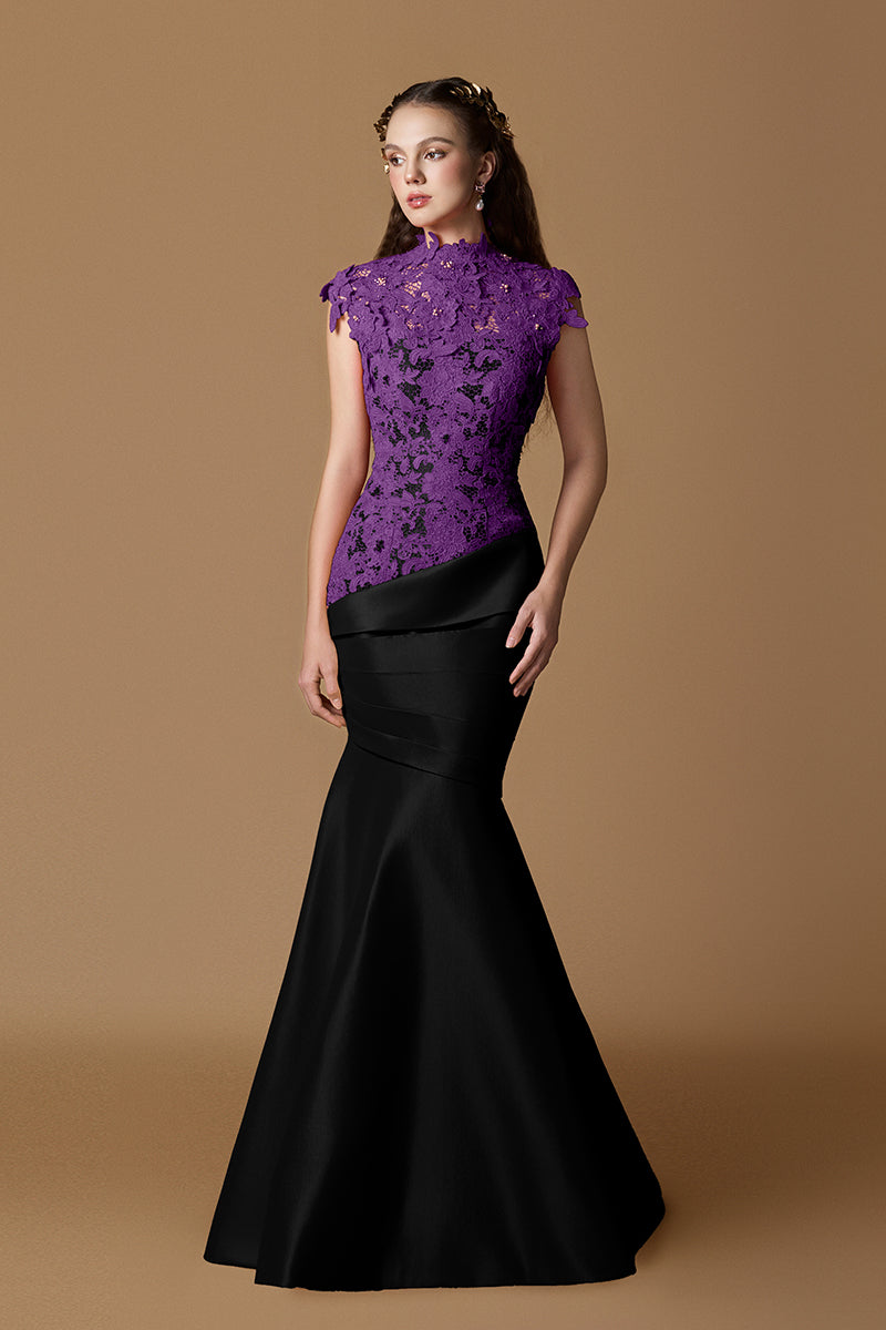 Round Neck Mermaid Gown With Pink Guipure Lace and Ivory Taffeta